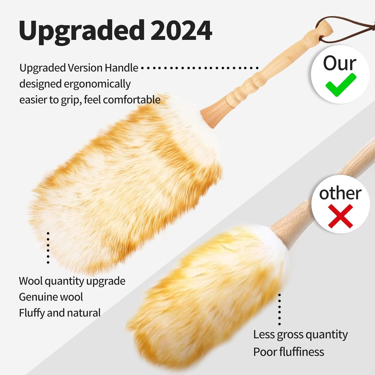 Lambswool Duster with Solid Wooden Handle,Leather Hang Strap,Comfortable Grips 19.6 inch Long