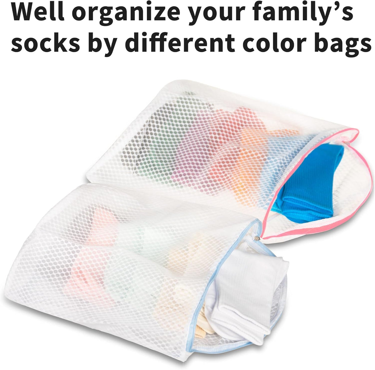 3Pcs Hanging Laundry Bags for Socks with S Hooks, 12 X 10 inch 3 Color Mesh Laundry Bags for