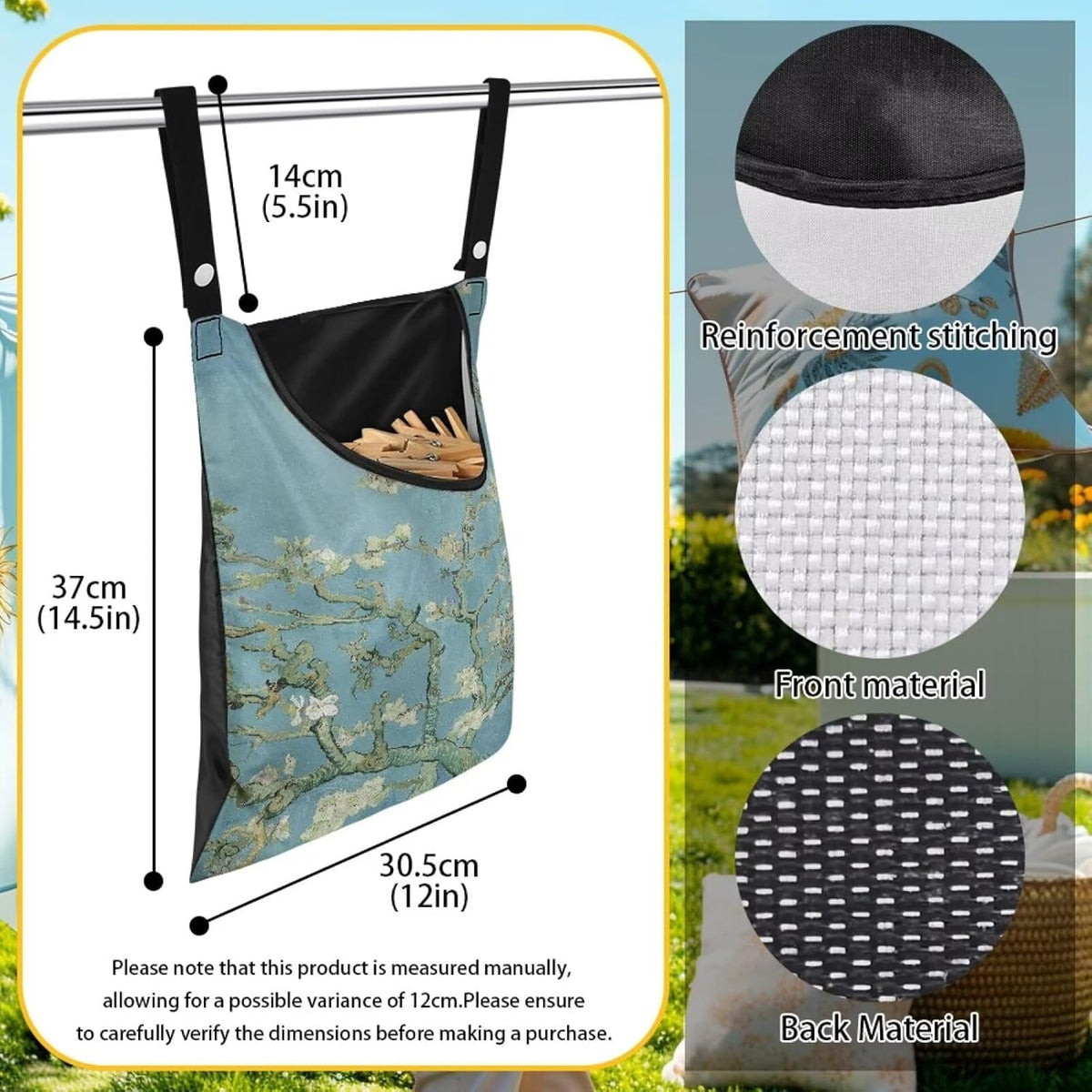 Almond Blossom Print Max Capacity Clothespin Storage Bag 14.5x12in - Generous Opening for Quick