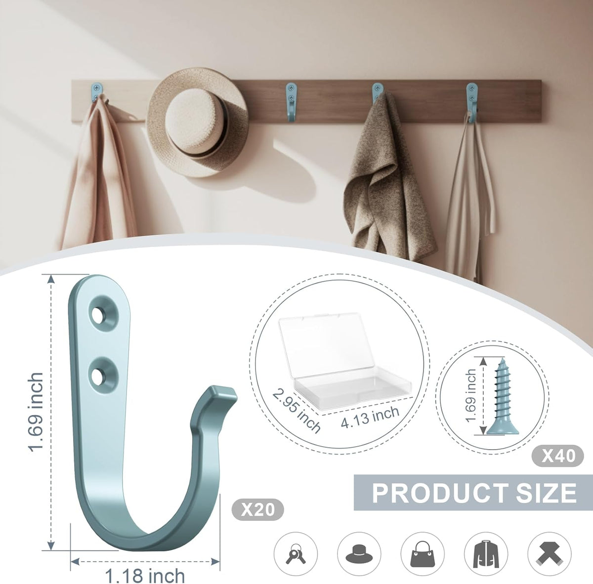 20PCS Heavy Duty Metal Wall Hooks, Coat Hooks for Hanging - Single Prong with 40 Screws (Coats