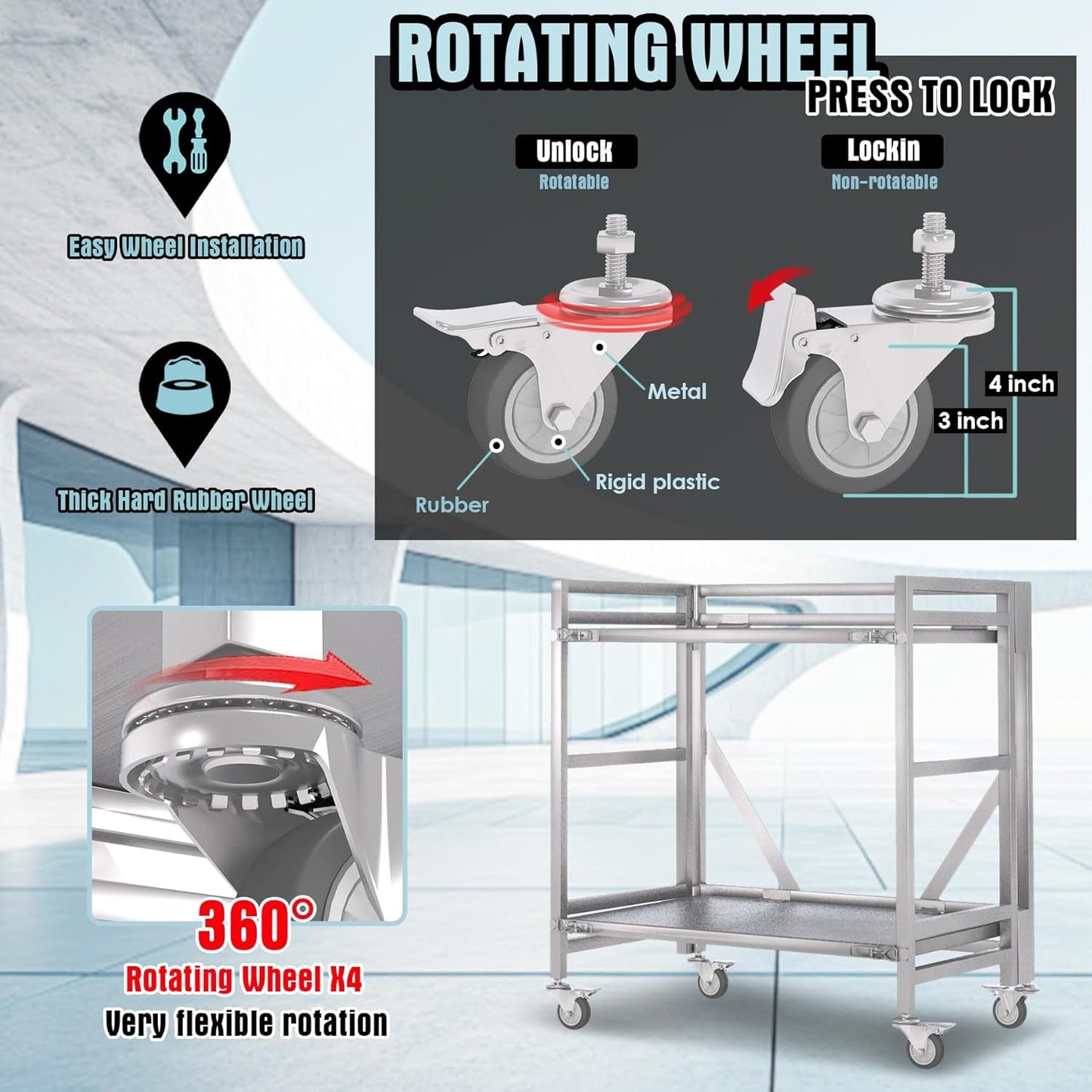 2 Shelf Rolling Cart with Wheels, 660lbs Capacity Collapsible Steel Rolling Utility Cart