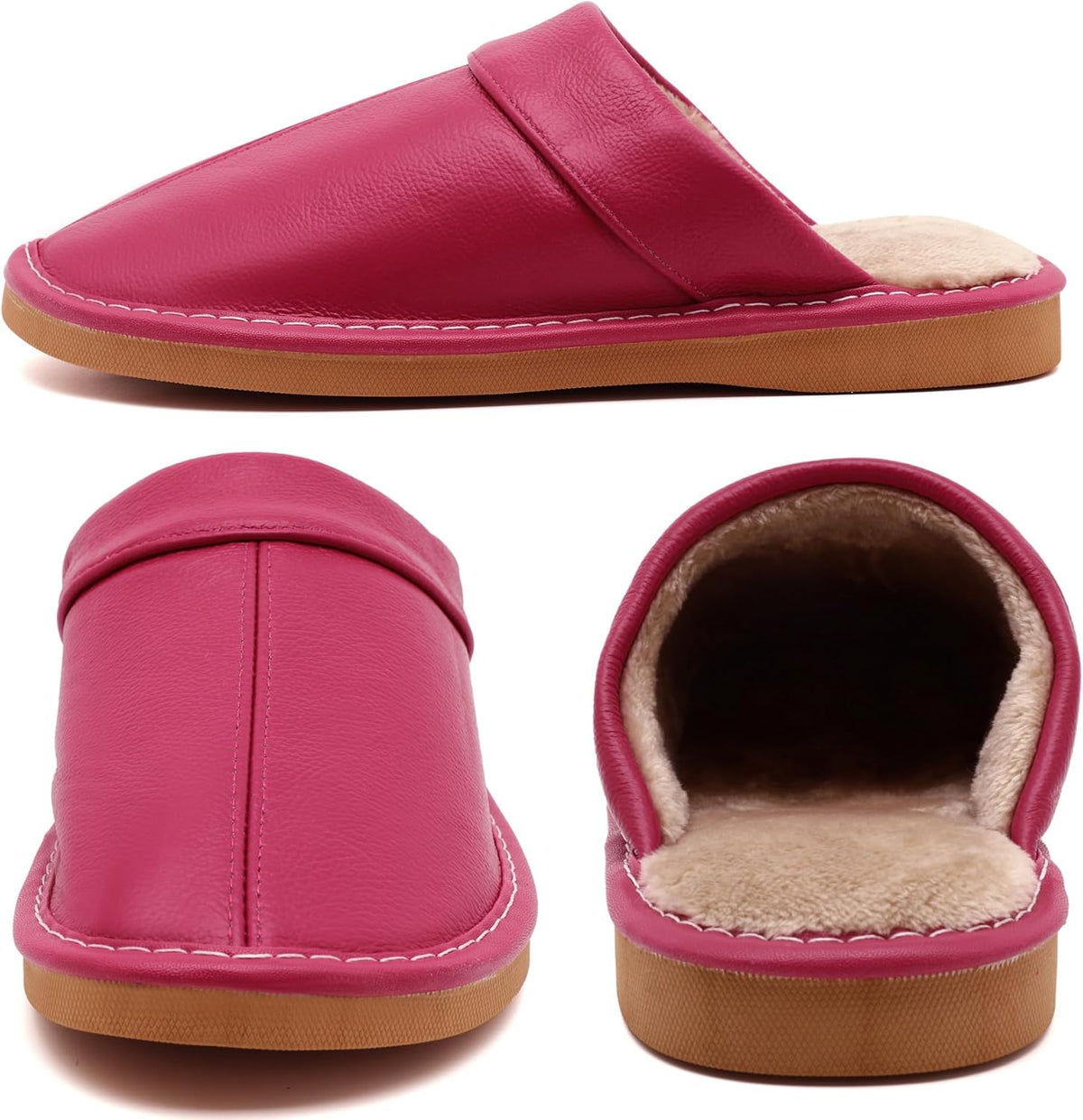 Slippers for Women Men, Genuine Leather Slippers Indoor Outdoor, Fuzzy Bedroom House Shoes for