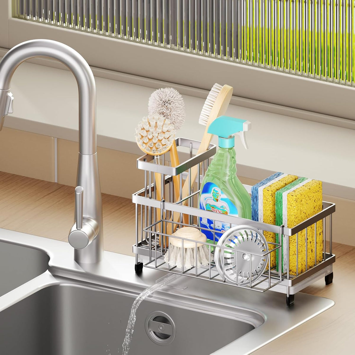 SWTYMIKI Sink Caddy Sponge Holder - Large Sponge Holder for Kitchen Sink with 360°Auto-Drain Tray