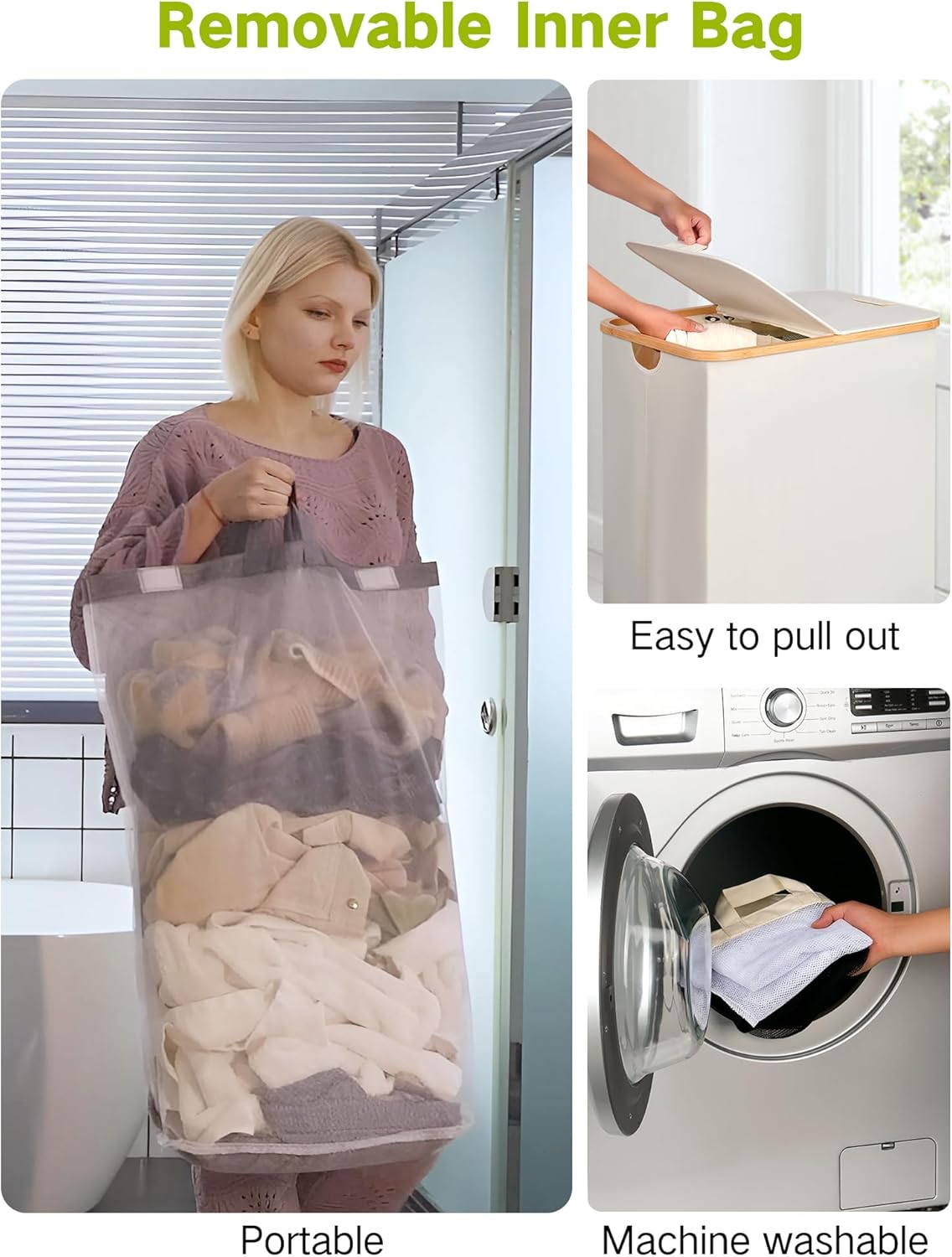 efluky Double Laundry Hamper with Wheels, Divided Laundry Hamper with Removable Bags, 2 Section