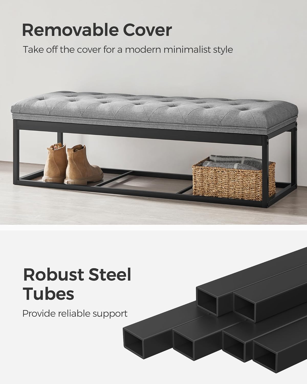 SONGMICS Storage Ottoman Bench, Foot Rest with Legs, 15.7 x 43.3 x 15.7 Inches, End of Bed Bench