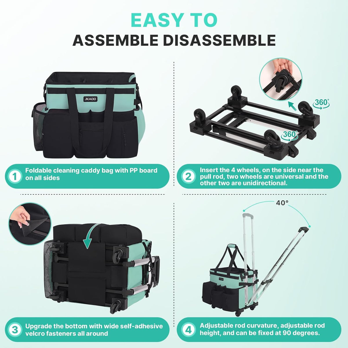 Large Rolling Cleaning Caddy Bag with Detachable Trolley, Waterproof Cleaning Caddy on Wheels for