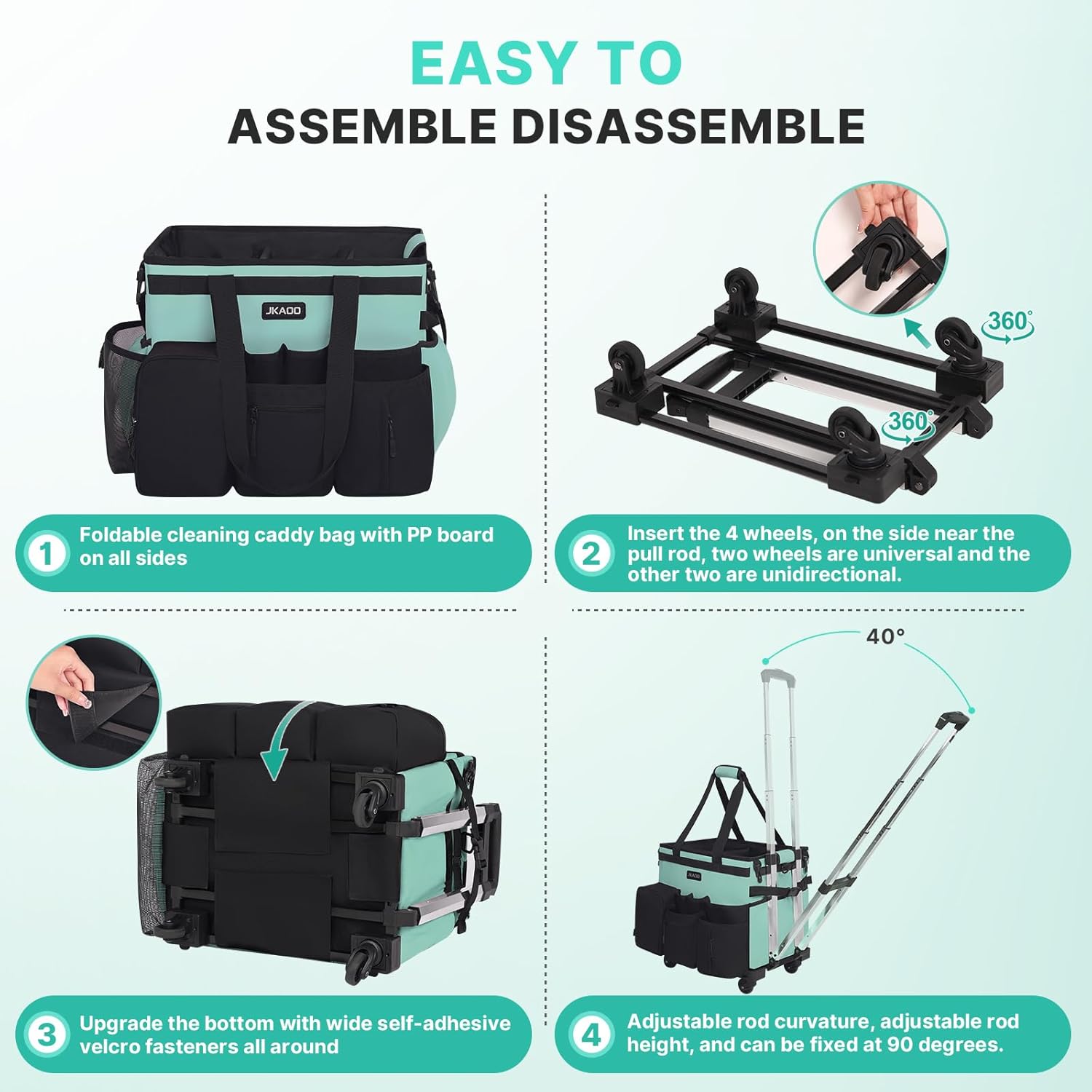 Large Rolling Cleaning Caddy Bag with Detachable Trolley, Waterproof Cleaning Caddy on Wheels for