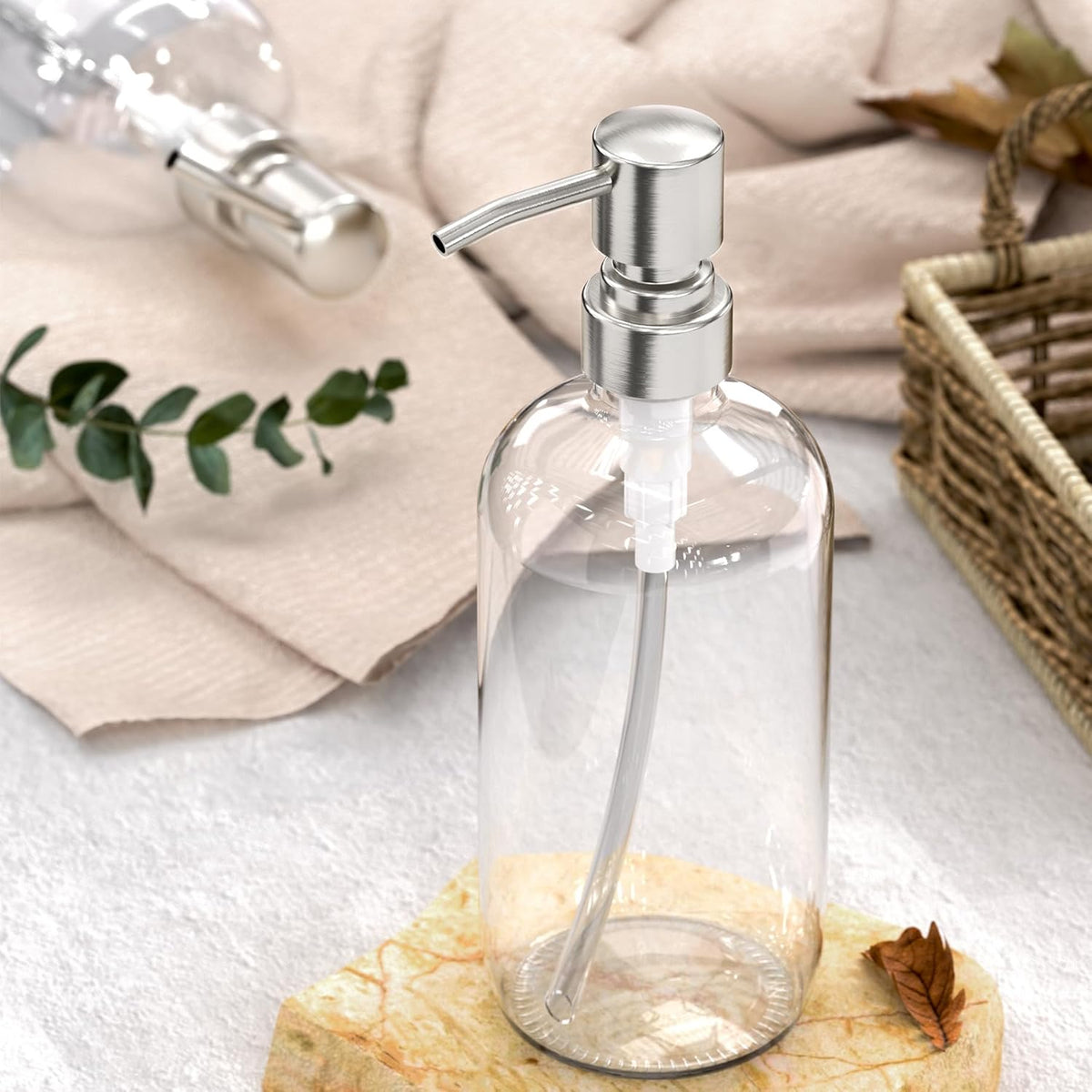 AmazerBath Soap Dispenser, 2 Pack Glass Soap Dispenser with Pump Stainless Steel, 17 Oz Hand Soap