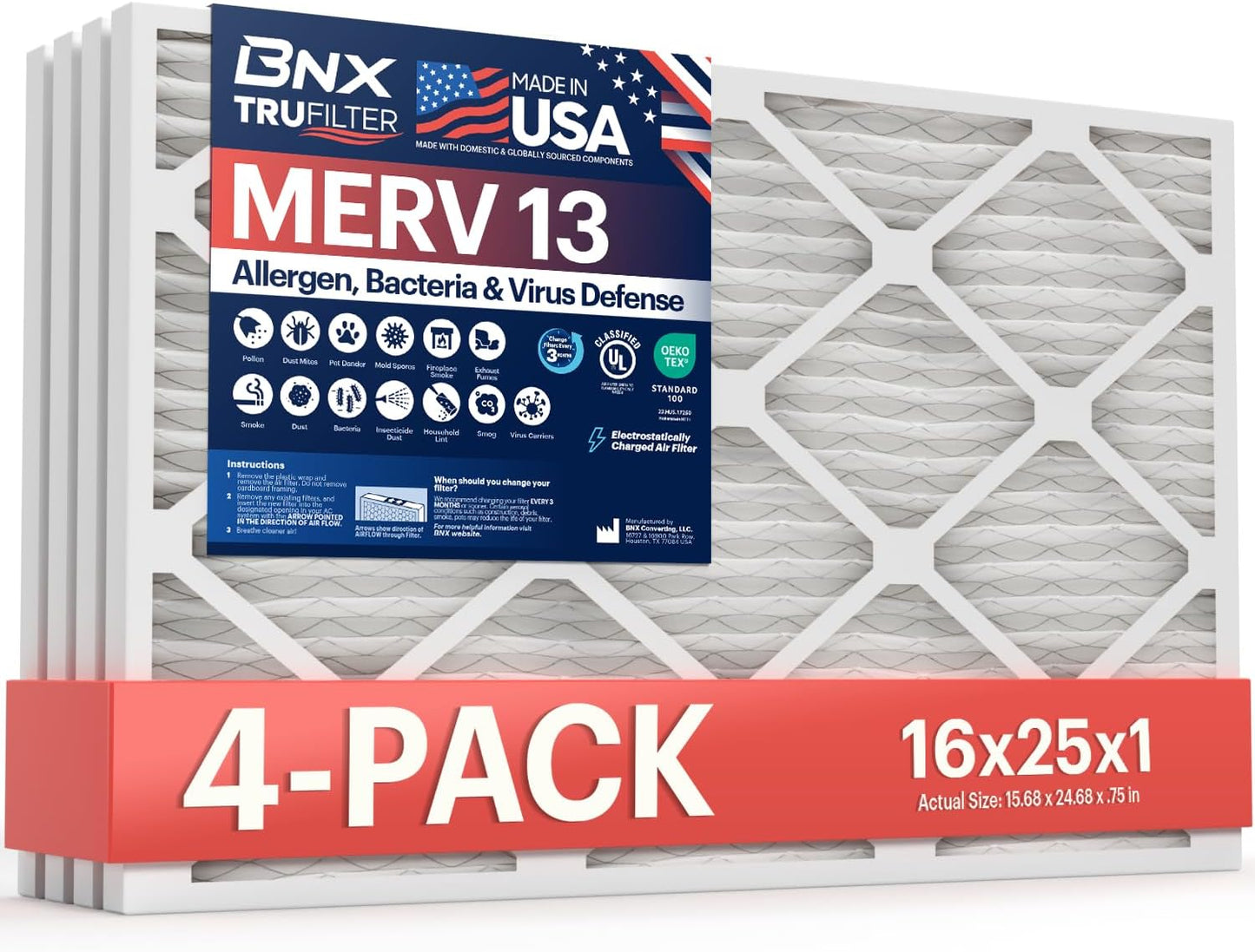 BNX TruFilter 16x25x1 Air Filter MERV 13 (4-Pack) - MADE IN USA - Electrostatic Pleated Air