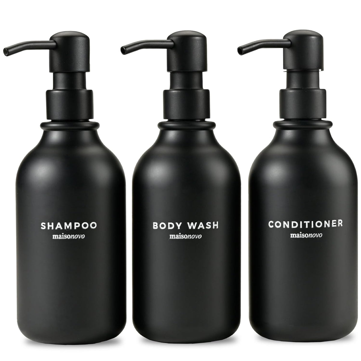 MaisoNovo Refillable Shampoo and Conditioner Bottles | 16.9 fl oz Set of 3 Black Plastic Bottles