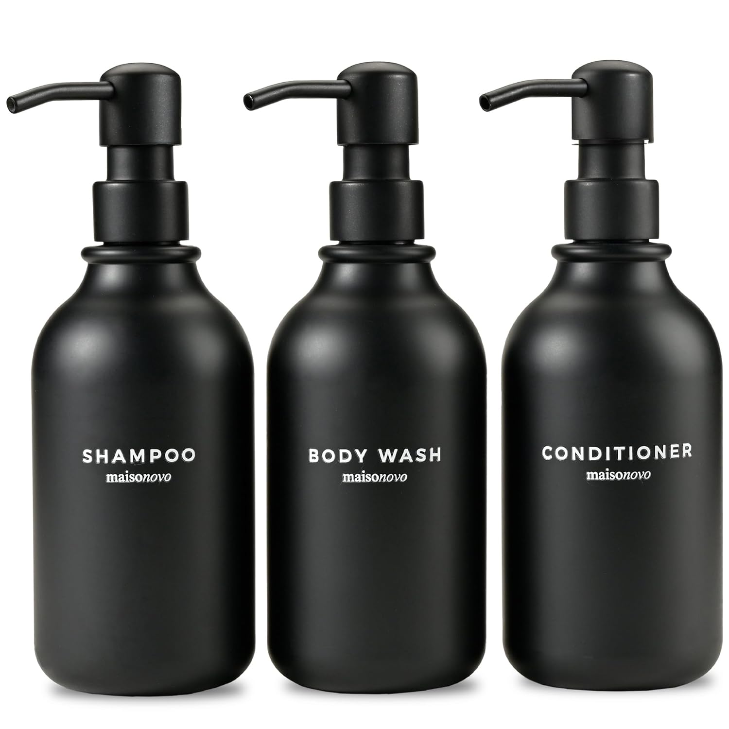 MaisoNovo Refillable Shampoo and Conditioner Bottles | 16.9 fl oz Set of 3 Black Plastic Bottles