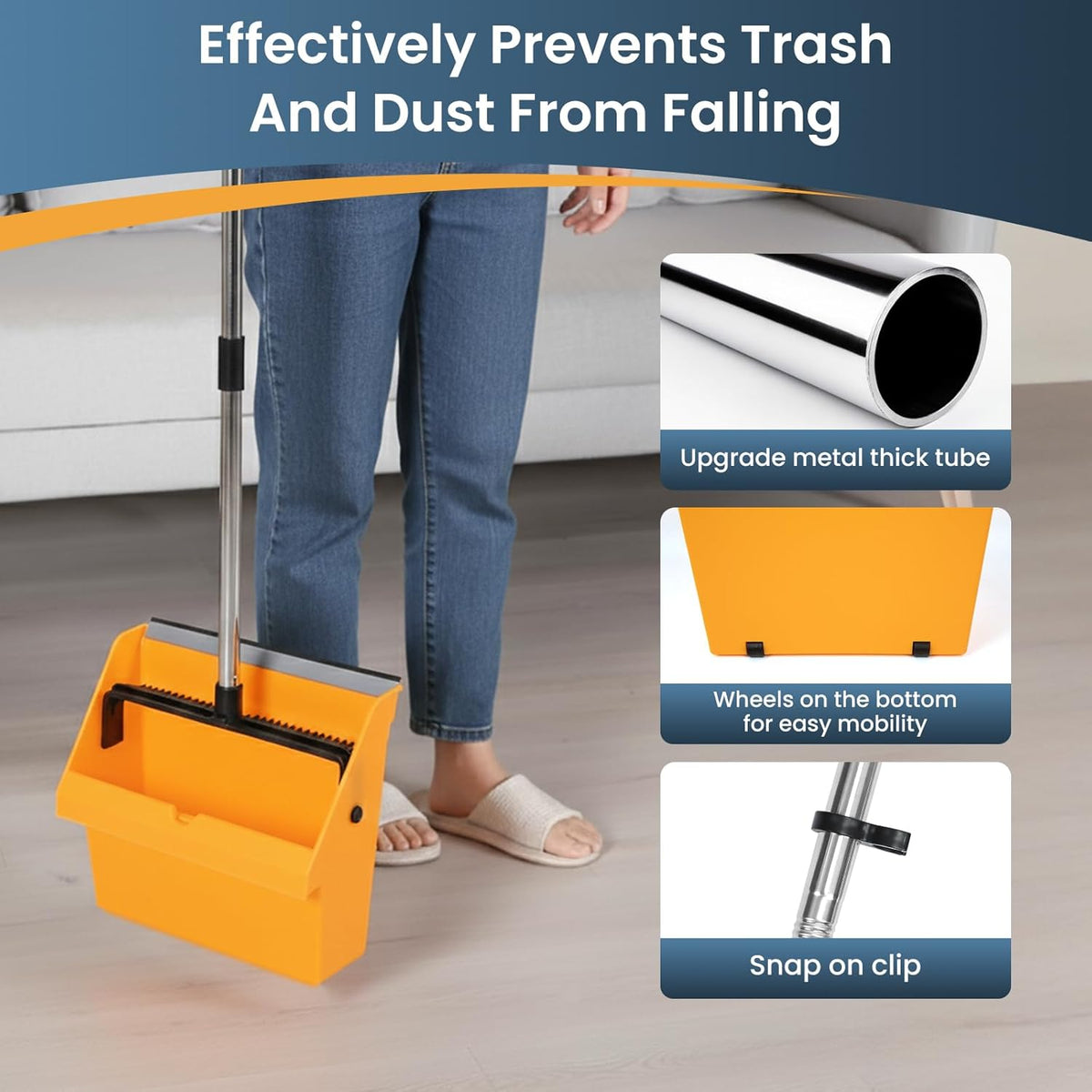 Large Commercial Dustpan with Comb，Long Handle Upright Heavy Duty Dust Pan Outdoor Indoor for