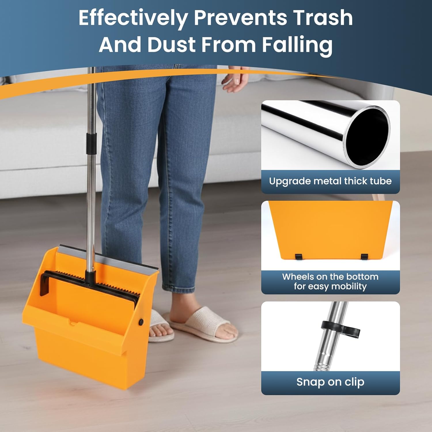Large Commercial Dustpan with Comb，Long Handle Upright Heavy Duty Dust Pan Outdoor Indoor for