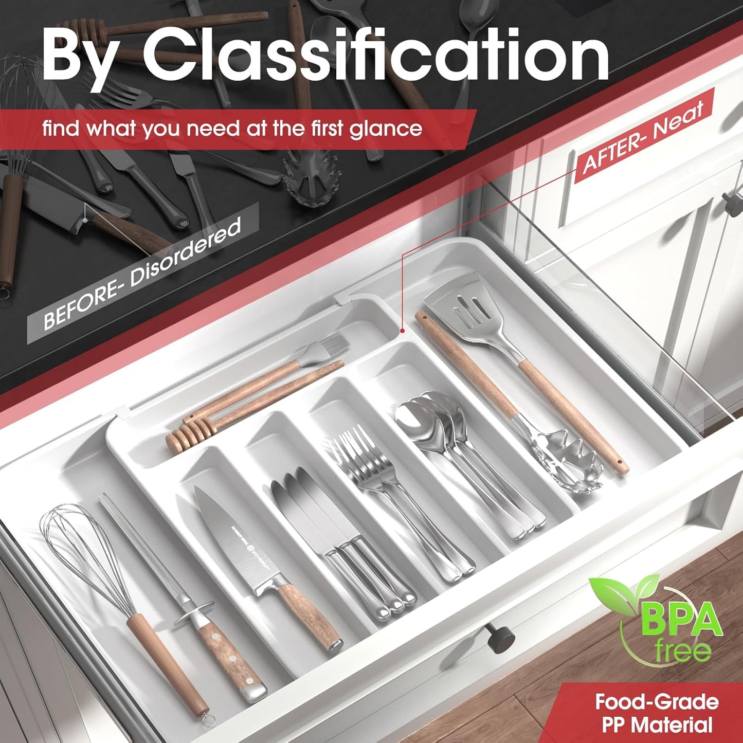 Aujen Silverware Organizer - Expandable Kitchen Drawer Organizer, Adjustable Utensil Organizer