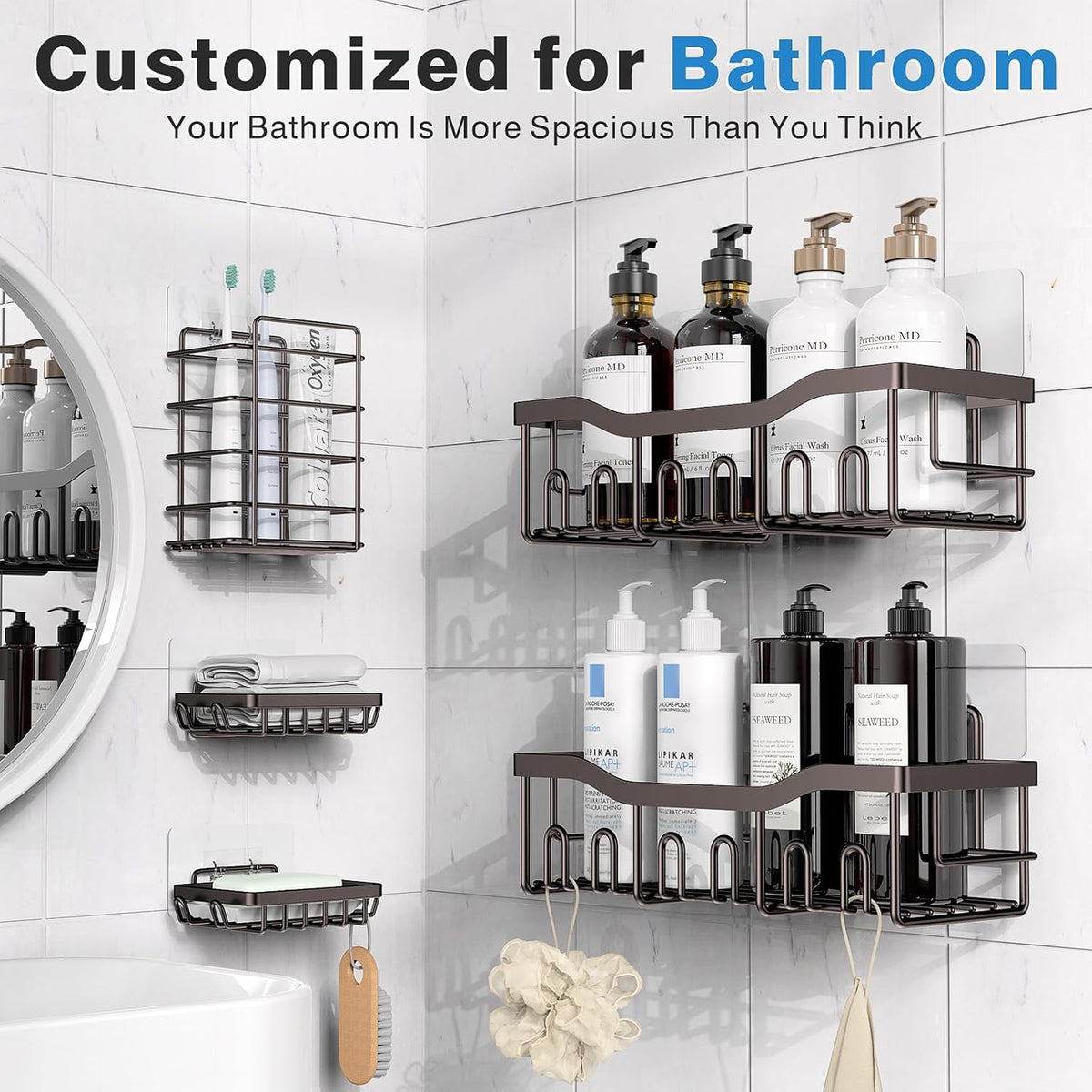 EUDELE 5-Pack Rustproof Stainless Steel Shower Caddy – No Drill Adhesive Bathroom Organizer with