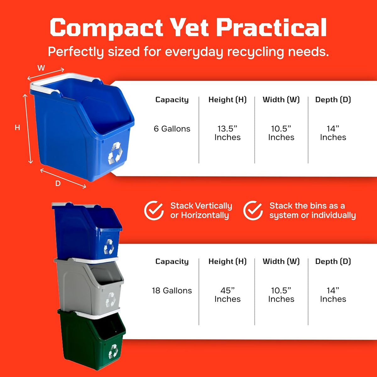 Multi Bin Recycling System with Three Stackable 6 Gallon Recycle Bins to Build Your Recycling