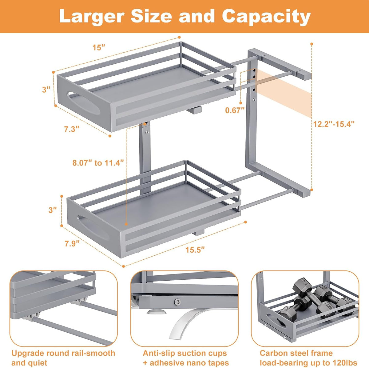 Under Sink Organizer, 2 Tier Under Sink Organizers and Storage, Adjustable Height, Slide Out Metal