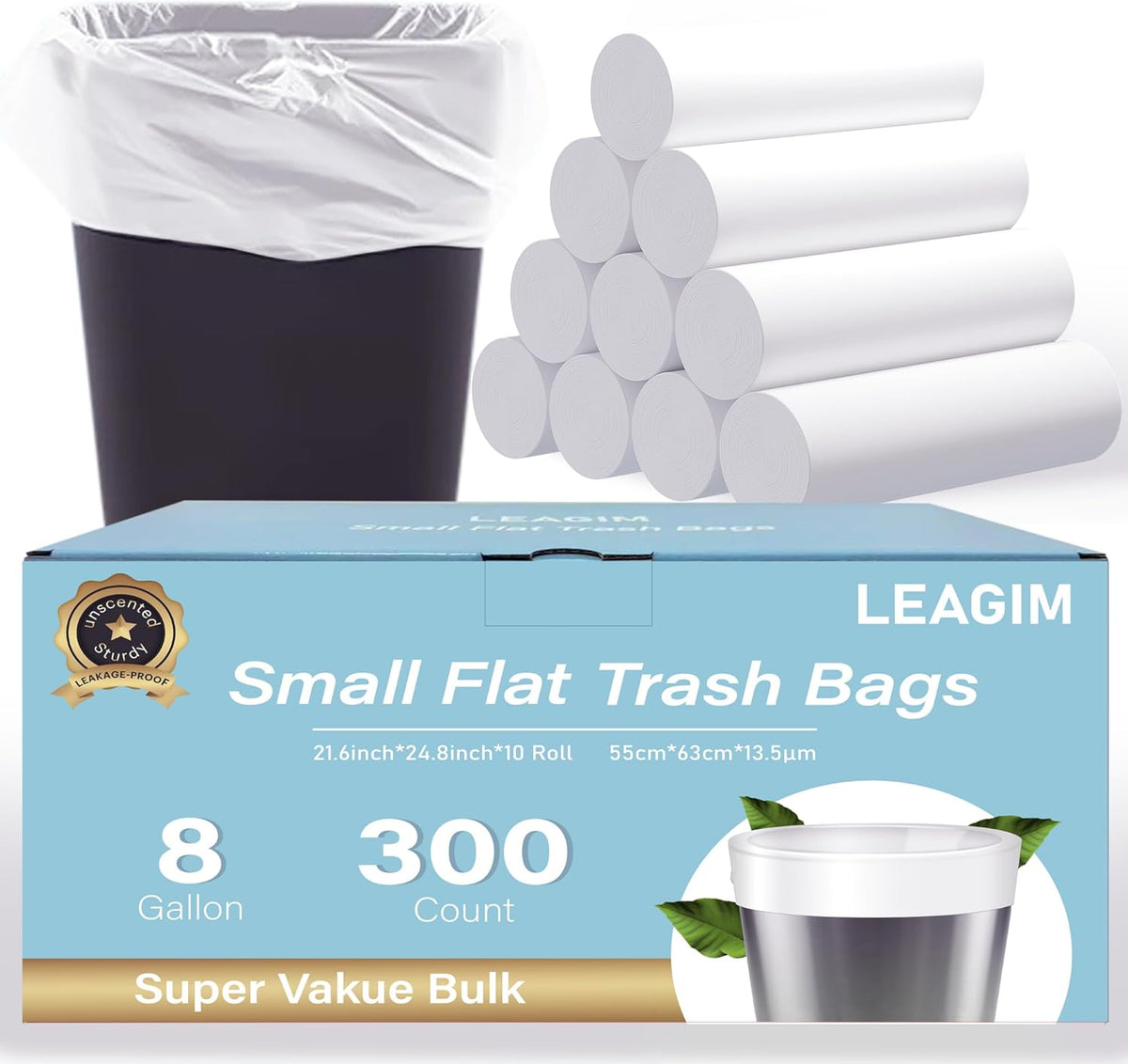 300 Count 8 Gallon Trash Bags, 13 Micron Extra Thick Medium Garbage Bags, 7-9 Gallon Unscented