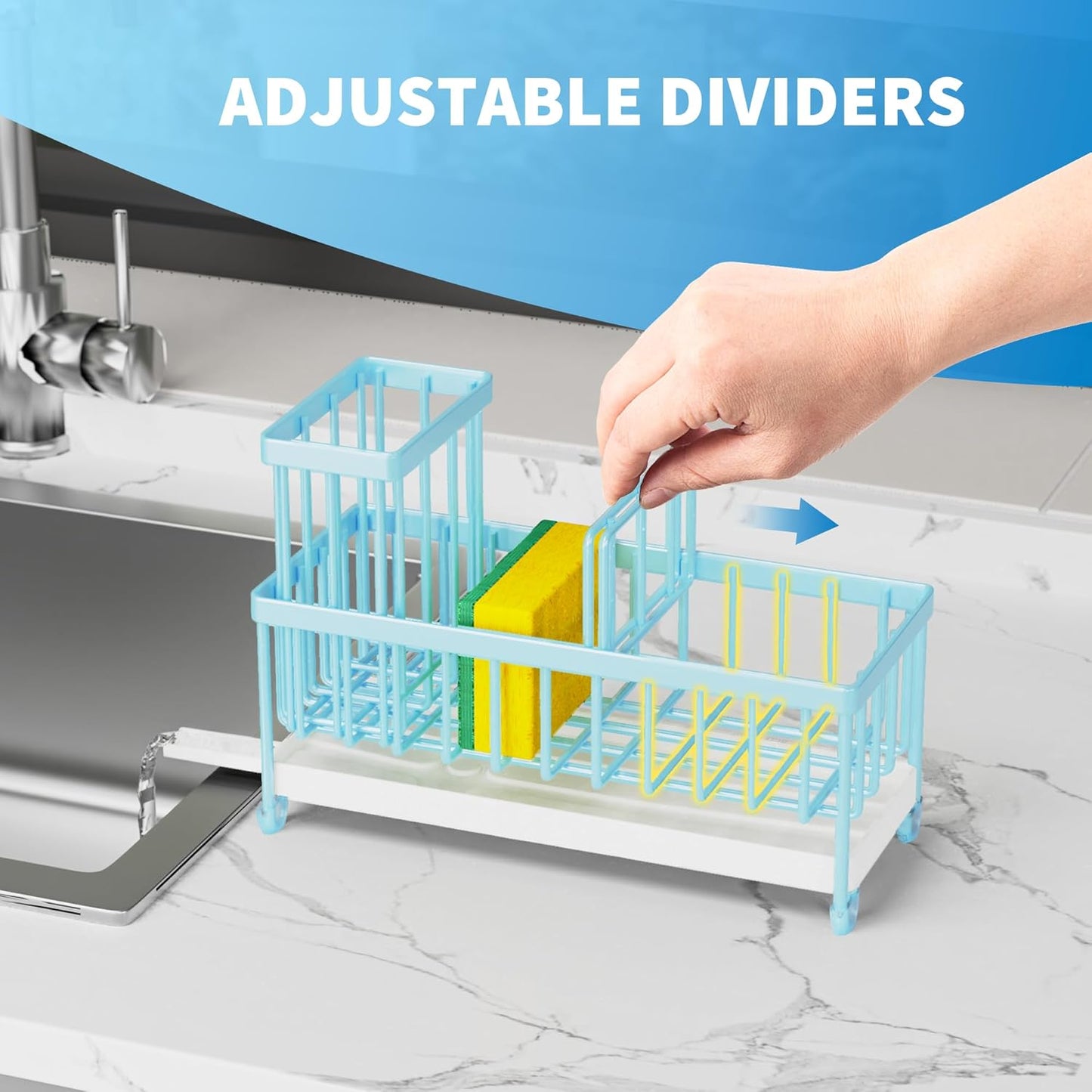 Cisily Blue Sponge Holder for Kitchen Sink, Sink Caddy Organizer with High Brush Holder, Kitchen
