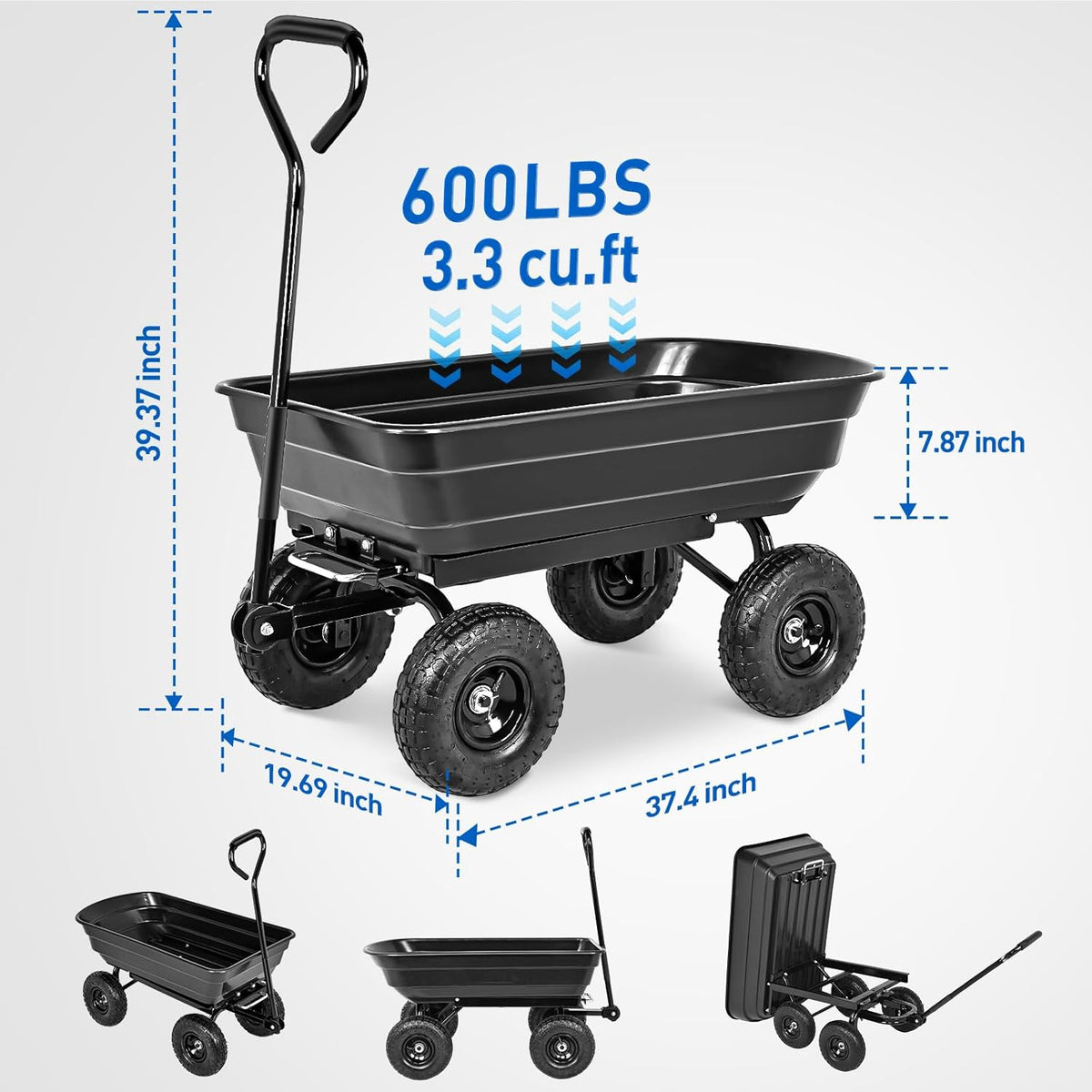 Yesker Garden Carts - 600lbs Dump Wagon with All Terrain Inflatable Wheels for Yard Lawn Farms