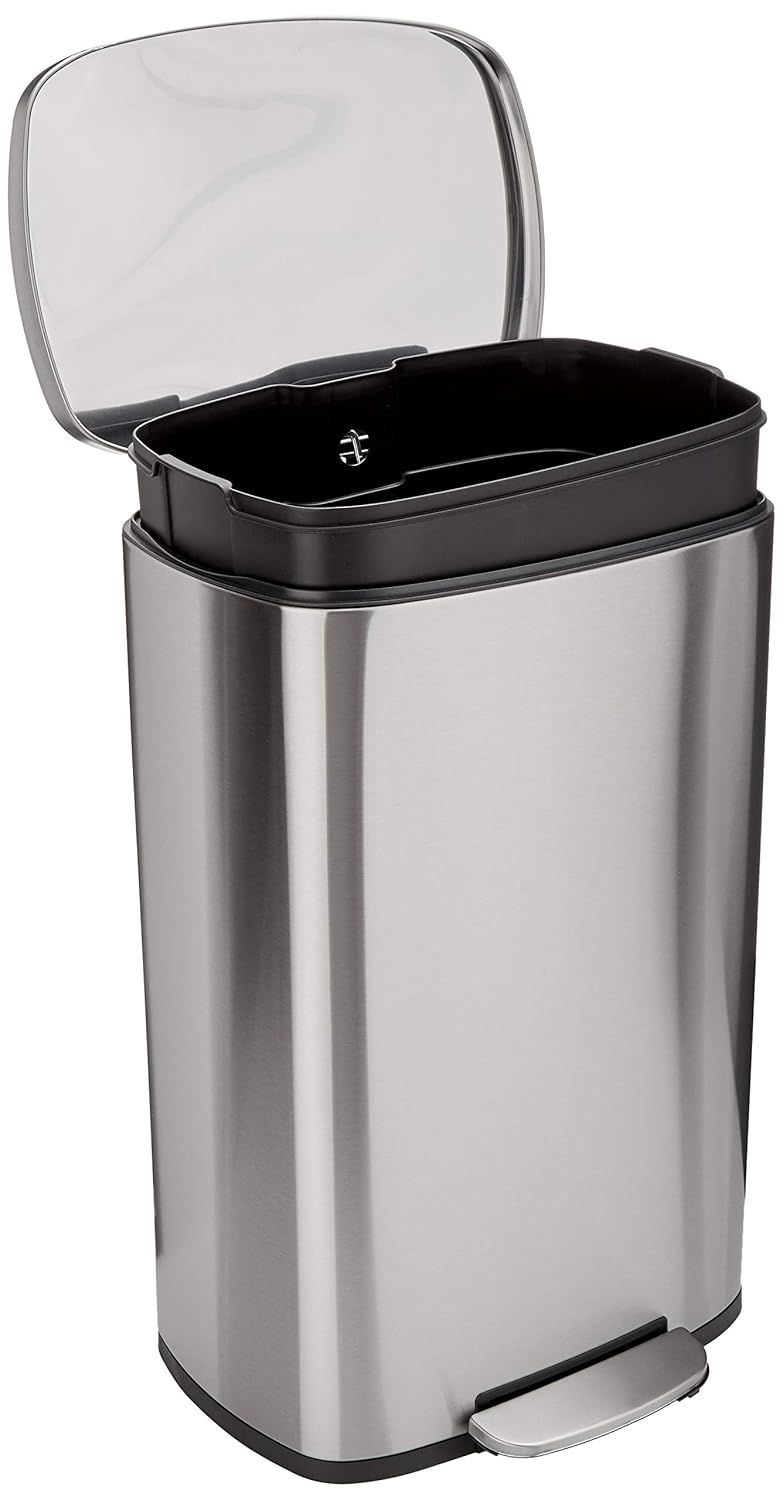 Amazon Basics Smudge Resistant Rectangular Trash Can With Soft-Close Foot Pedal, Brushed Stainless