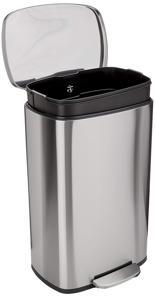 Amazon Basics Smudge Resistant Rectangular Trash Can With Soft-Close Foot Pedal, Brushed Stainless