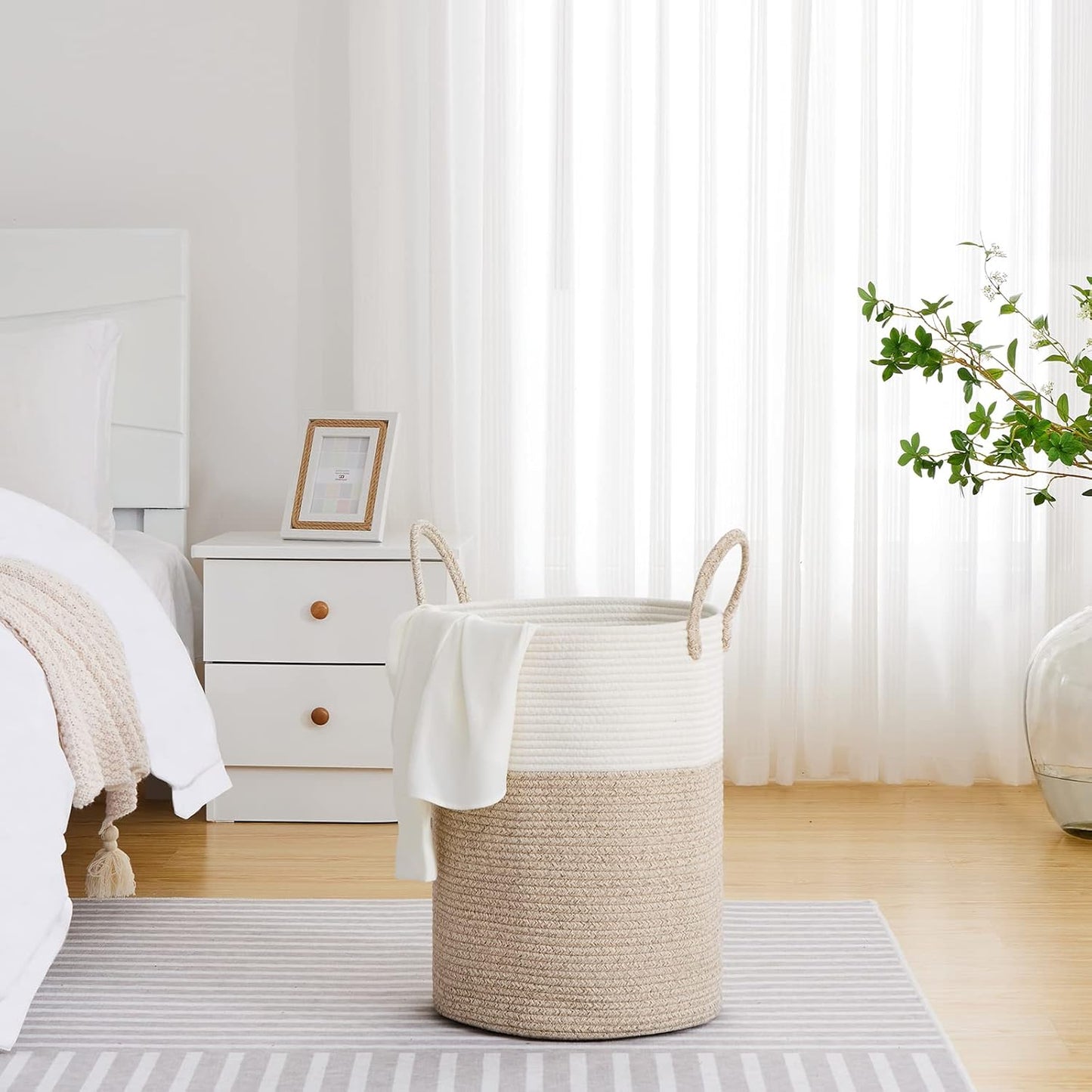 VIPOSCO Large Laundry Hamper, Tall Woven Rope Storage Basket for Blanket, Toys, Dirty Clothes in