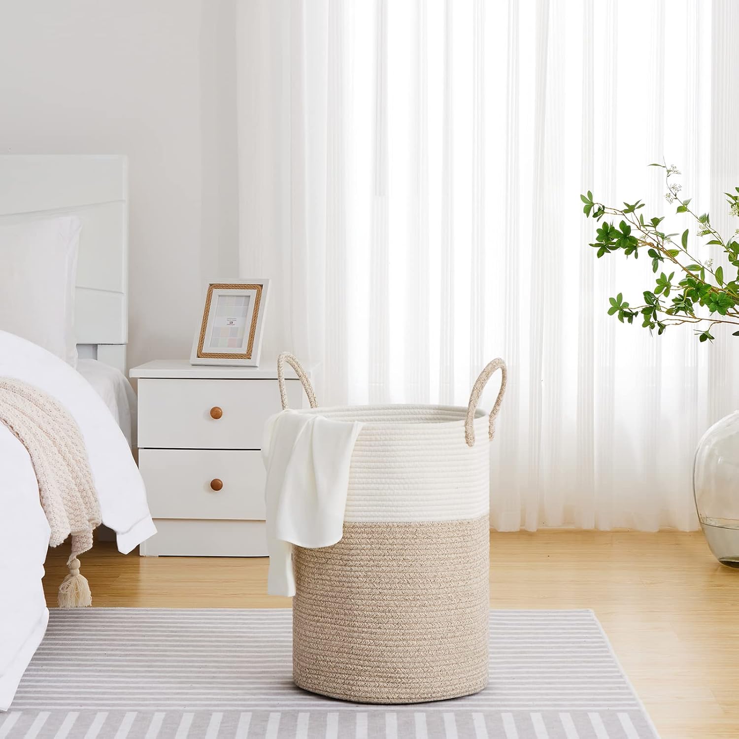 VIPOSCO Large Laundry Hamper, Tall Woven Rope Storage Basket for Blanket, Toys, Dirty Clothes in