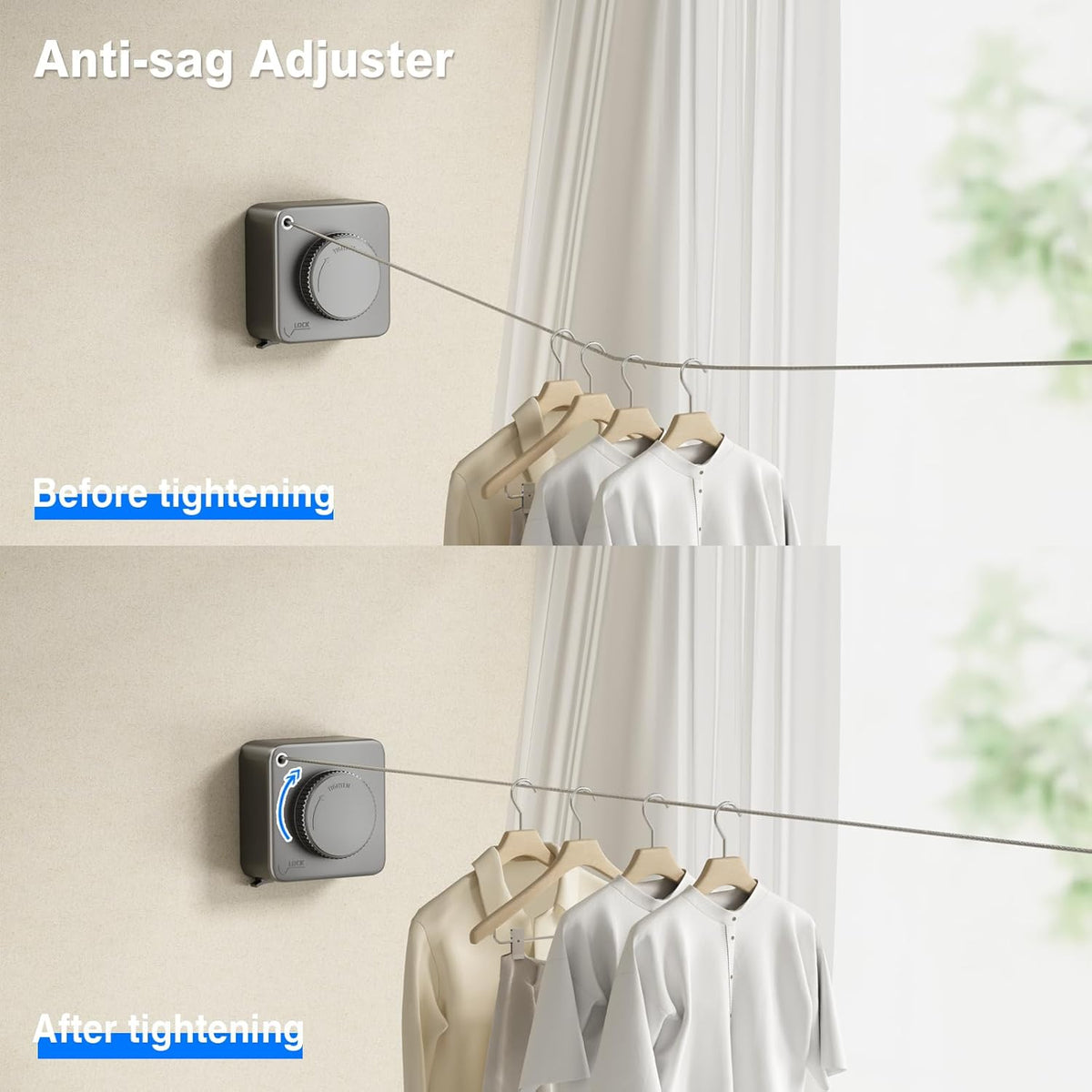 Retractable Clothesline Indoor, Non-Sagging Outdoor Clothes Line Retracting Heavy Duty Clothes