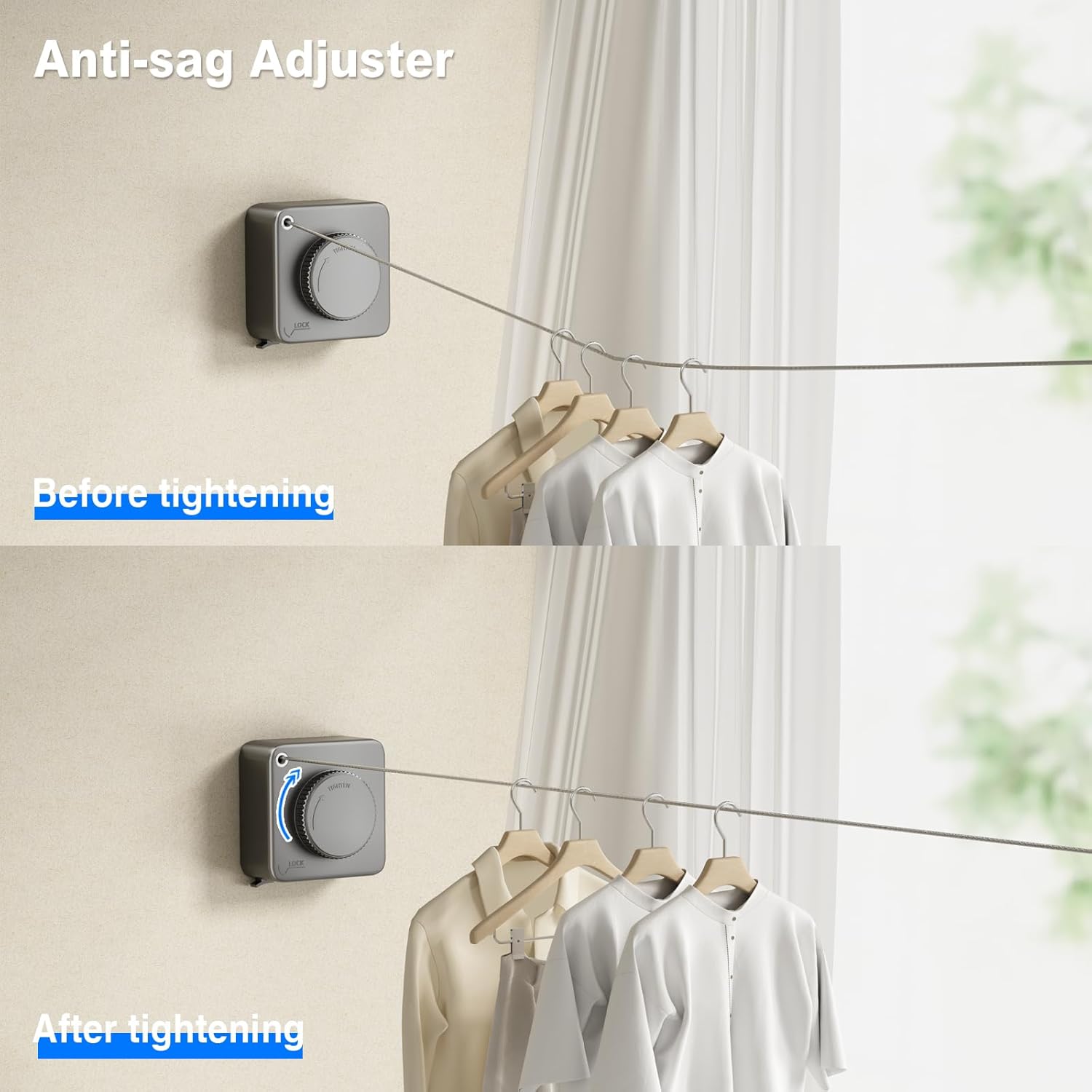 Retractable Clothesline Indoor, Non-Sagging Outdoor Clothes Line Retracting Heavy Duty Clothes