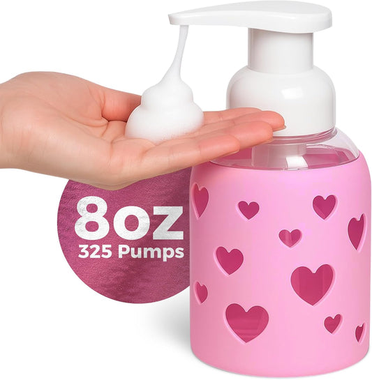 SoCal Suds & Company Glass Foaming Hand Soap Dispenser, Heart Silicone Sleeve, Refillable Pump