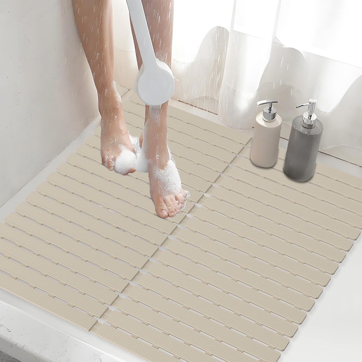 Shower Mat Non-Slip Bath Mat for Tub Floor & Stall with 200+ Suction Cups & Drain Holes, Quick Dry