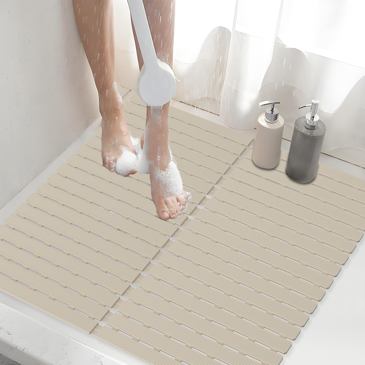 Shower Mat Non-Slip Bath Mat for Tub Floor & Stall with 200+ Suction Cups & Drain Holes, Quick Dry