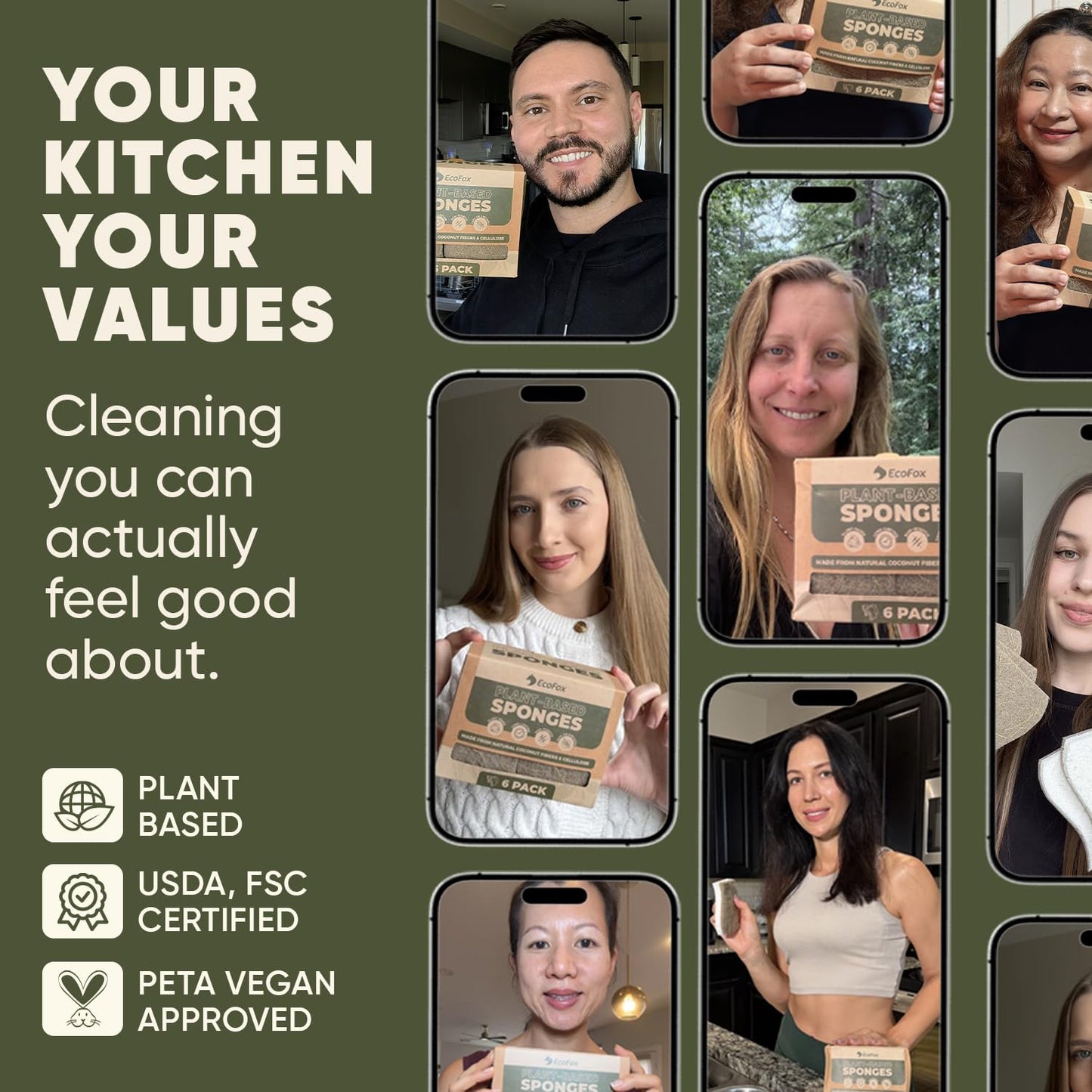Plant-Based Kitchen Sponges (12 Pack) | USDA Biobased Certified | FSC & PETA Approved | Natural