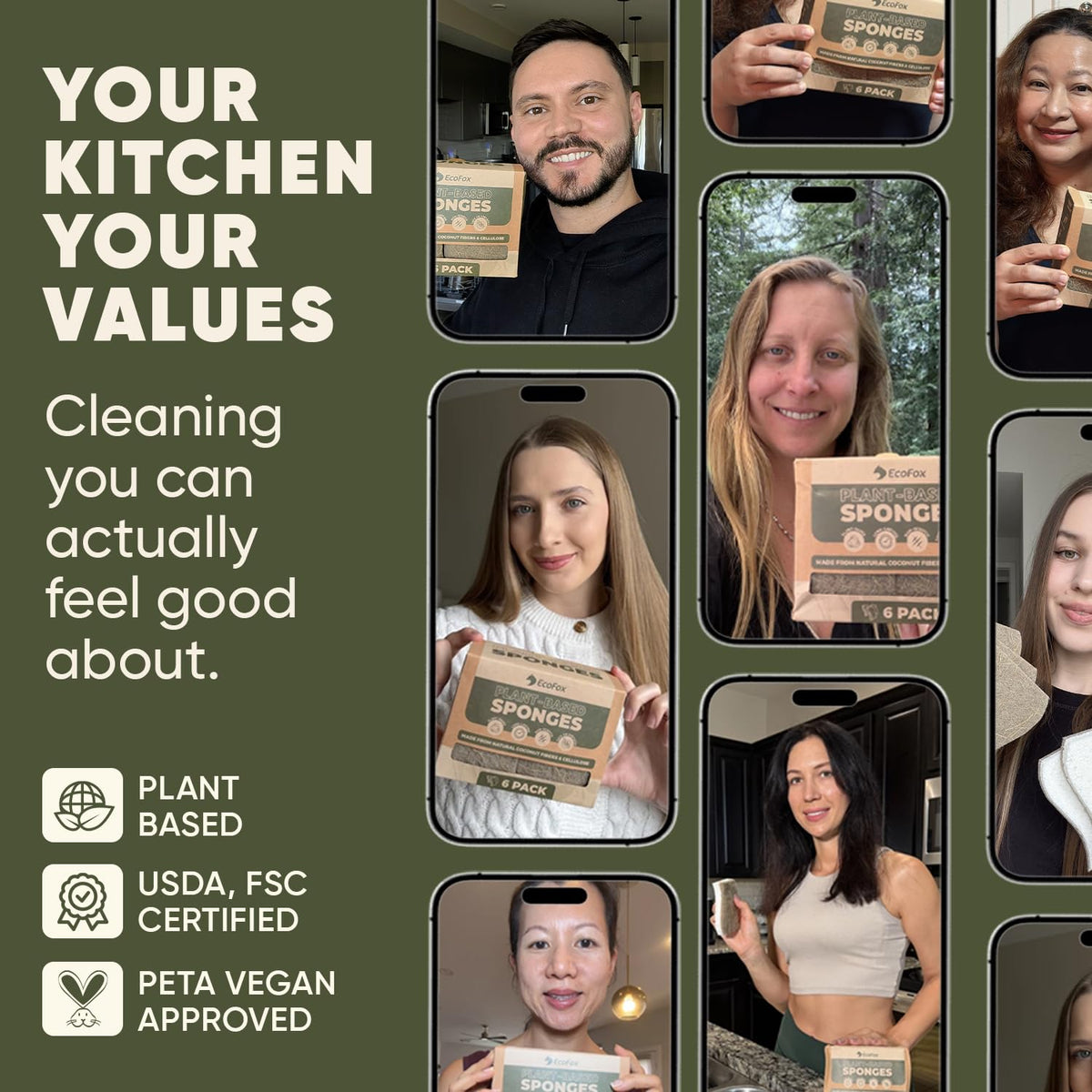 Plant-Based Kitchen Sponges (12 Pack) | USDA Biobased Certified | FSC & PETA Approved | Natural