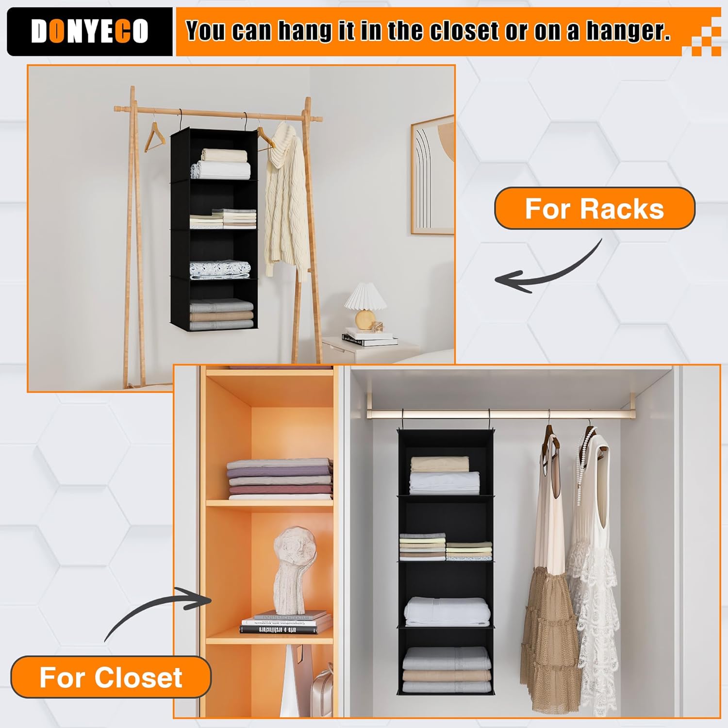 Hanging Closet Organizer, Easy Mount Foldable 4-Shelf Hanging Closet Wardrobe Storage Shelves