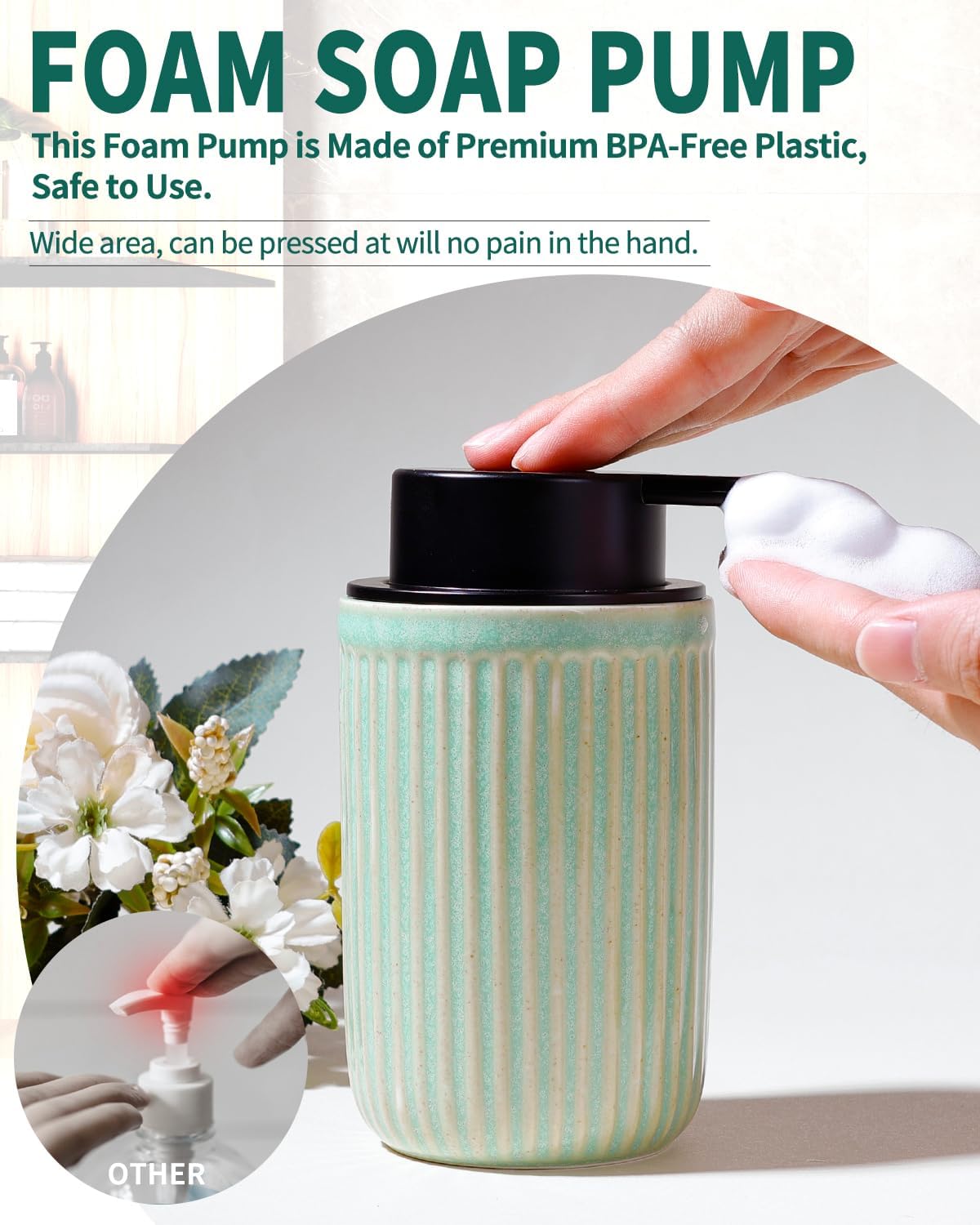 BosilunLife Foam Hand Soap Dispenser - Ceramic Foaming Soap Dispenser for Bathroom 12oz Refillable