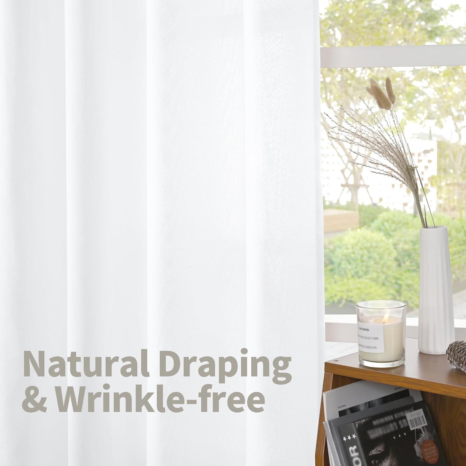 YoungsTex 84 Inch Length White Linen Curtains for Living Room, Semi Sheer Drapes with Rod Pocket