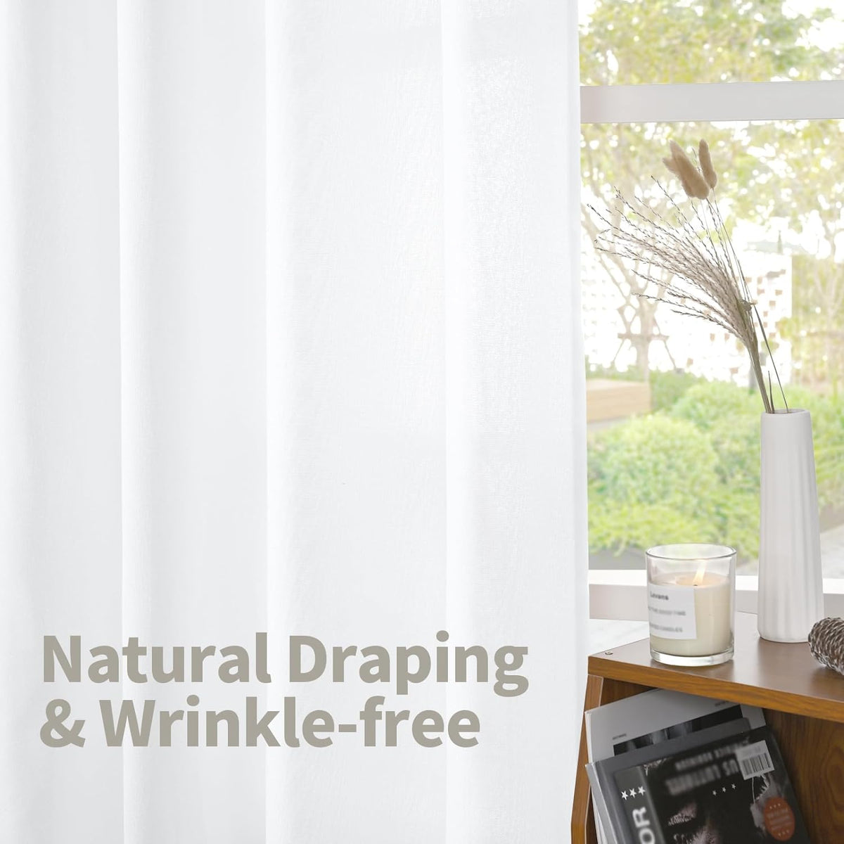 YoungsTex Short White Linen Curtains 45 Inch Length 2 Panels for Window, Semi Sheer Drapes Light