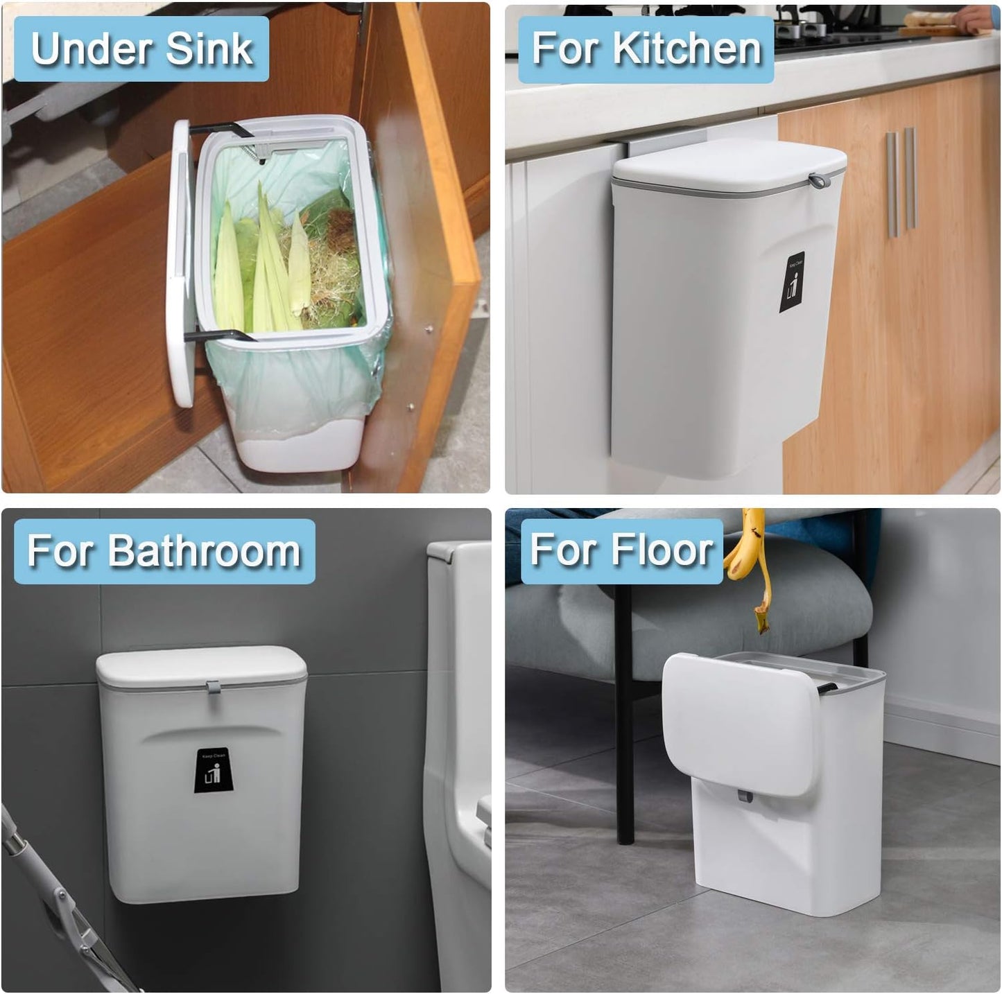 Tiyafuro 2.4 Gallon Kitchen Compost Bin for Counter Top or Under Sink, Hanging Small Trash Can with