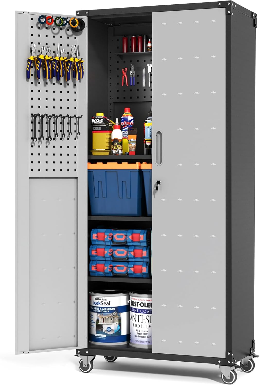 Garage Metal Storage Cabinet with Pegboard, 71'' Tall Storage Cabinet with Adjustable Shelves and