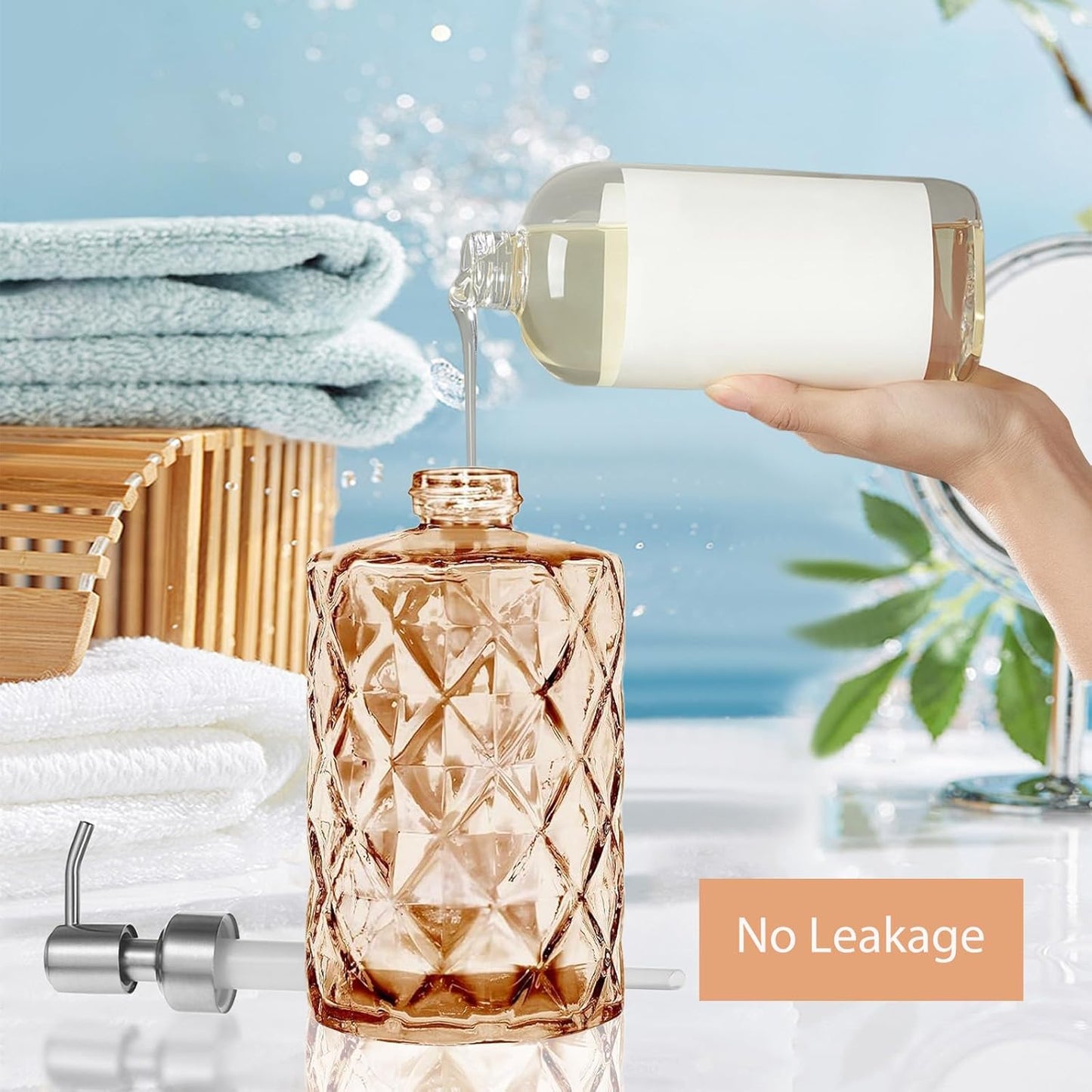12Oz Amber Glass Soap Dispenser with Stainless Steel Pump, Refillable Kitchen Liquid Hand Soap