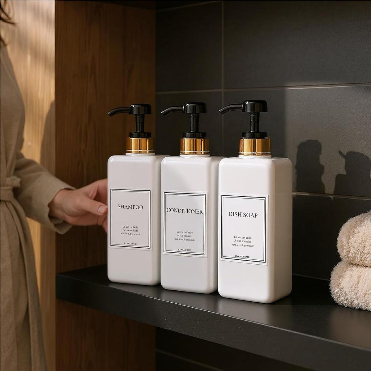 Modern Gold Design Large 27 oz Shampoo and Conditioner Dispensers - Empty Plastic Refillable Pump