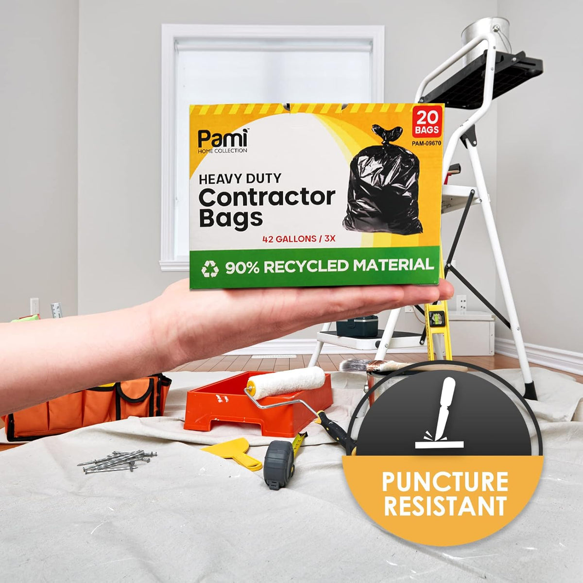 PAMI Heavy Duty 42 Gallon Contractor Garbage Bags, Tear Resistant Construction Bags Made from 90%