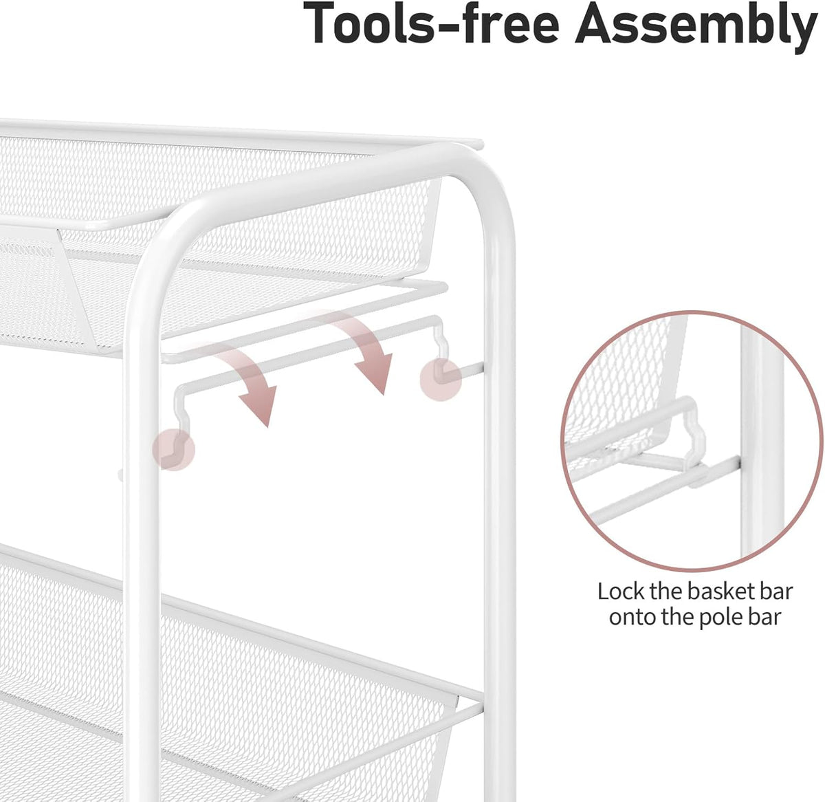 TOOLF 3-Tier Metal Rolling Cart, Mesh Wire Easy Assemble Utility Cart, Storage Trolley on Wheels