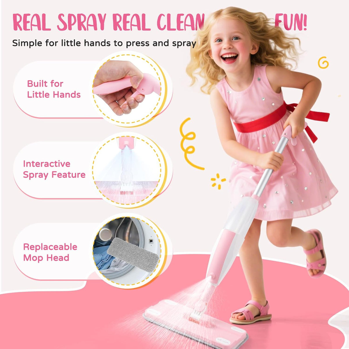 Kids Cleaning Toy Set,Pink Mini Spray Mop Montessori Toys Pretend Play Cleaning Tool for Toddlers