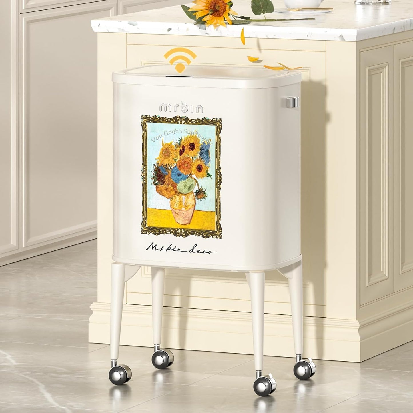 MRBIN Metal Motion Sensor Kitchen Trash Can with Wheel Legs, 36L / 9.5gal Medium Press Lid Slim