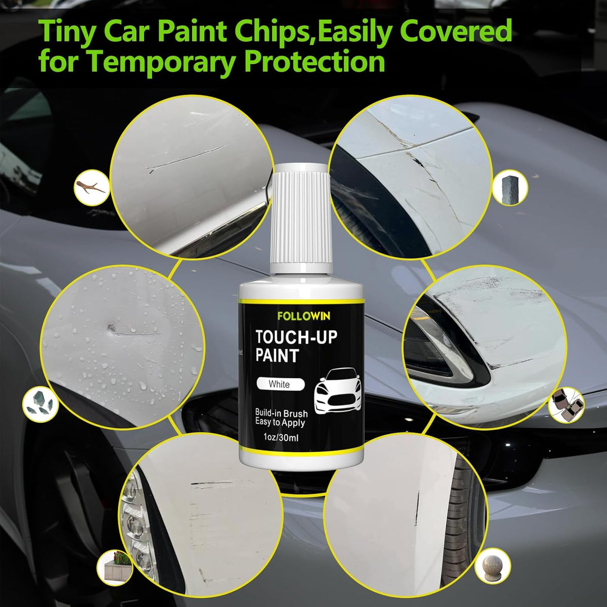 FOLLOWIN White Touch Up Paint for Cars, Car Paint Scratch Repair,Built-in Brush Auto Paints
