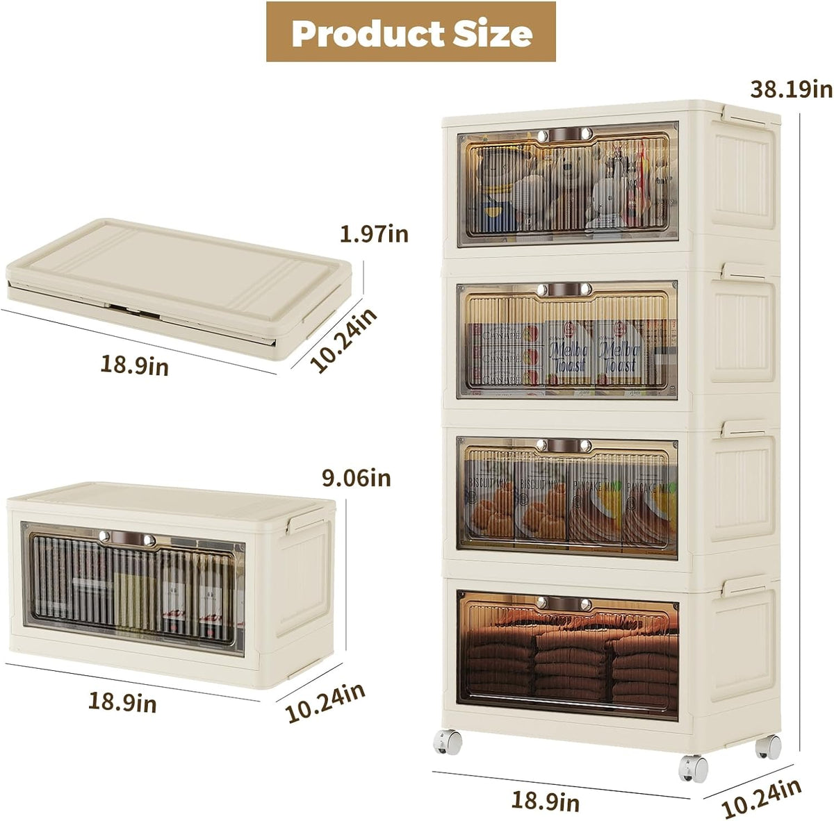 4 Tier - 34QT Storage Bins with Lids, Collapsible Storage Bins with Doors and Wheels, Plastic