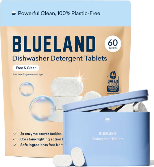 BLUELAND 100% Plastic-Free Dishwasher Detergent Tablets, Starter Set, 60 Count with tin, Free &